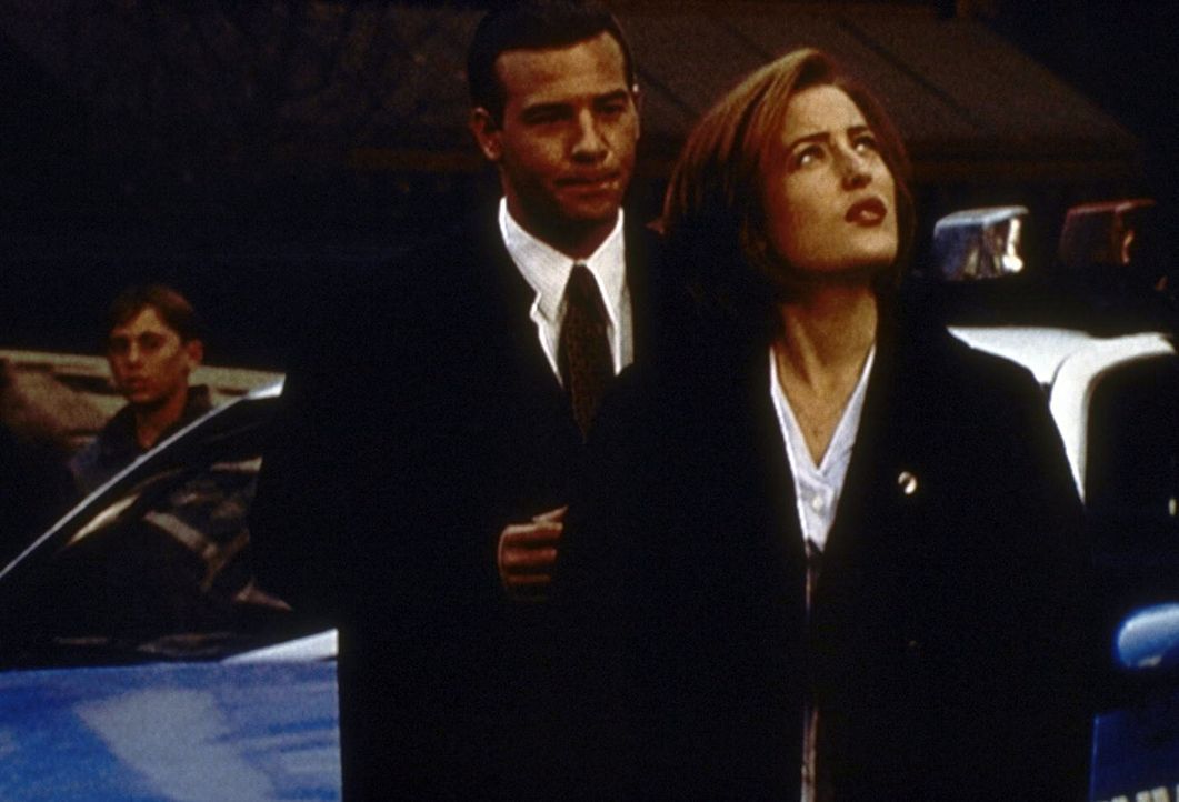 Der junge FBI-Agent Peyton Ritter (Richard Ruccolo, l.) ist Scullys (Gillian Anderson) neuer Partner und hilft ihr bei den Ermittlungen gegen einen... - Bildquelle: TM +   2000 Twentieth Century Fox Film Corporation. All Rights Reserved.