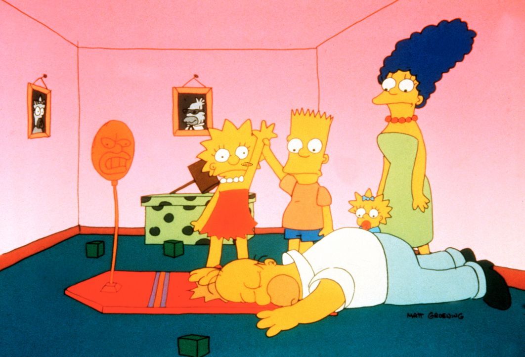 (1. Staffel) - Lisa (l.) und Bart (2.v.l.) sind ihrem Vater Homer (vorne) wieder mal haushoch überlegen. Da kann sich Mutter Marge (r.) nur wundern. - Bildquelle: und TM Twentieth Century Fox Film Corporation - Alle Rechte vorbehalten