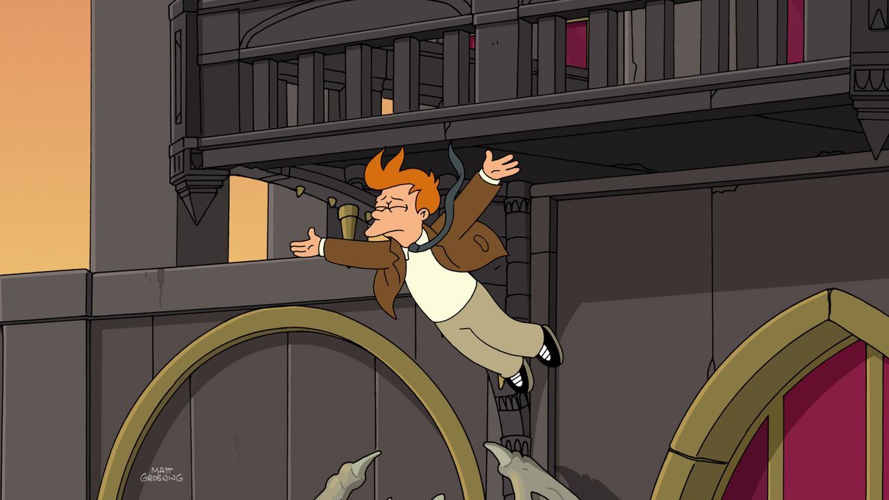 Als Fry um Leelas Hand anhalten möchte, stürzt er vom Vampire State Building. Doch ein von Professor Farnsworth erfundenes Gerät kann vielleicht sei... - Bildquelle: Twentieth Century Fox Film Corporation. All rights reserved.