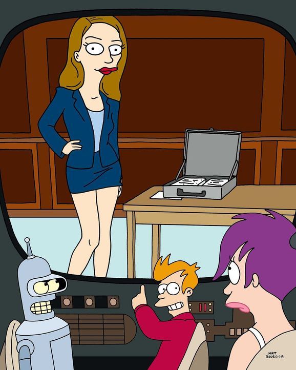 Bender (l.), Fry (2.v.r.) und Leela (r.) schauen sich gemeinsam die Fernsehserie "Ledige Weibliche Anwältin" an. - Bildquelle: und TM Twenthieth Century Fox Film Corporation - Alle Rechte vorbehalten