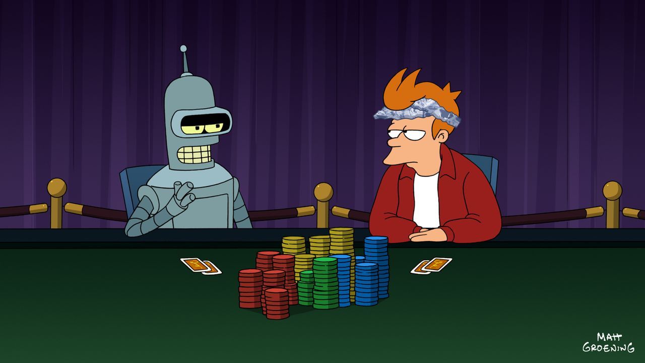 Sehr zum Leidwesen Benders (l.) kann Fry (r.) mit seiner neuen Fähigkeit das Pokerturnier dominieren ... - Bildquelle: 2009 Twentieth Century Fox Film Corporation. All rights reserved.