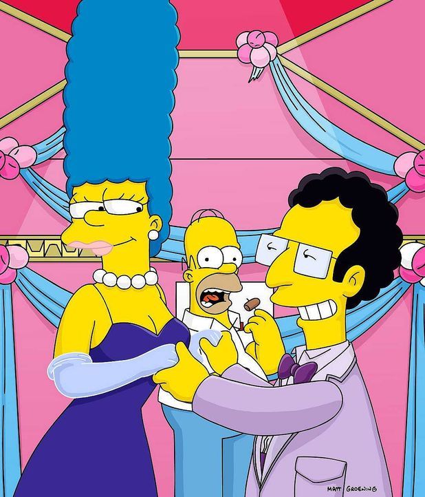 Als Marges (l.) steinreicher Ex-Freund Artie (r.) Homer (M.) eine Million Dollar für ein Wochenende mit seiner Frau anbietet, nimmt dieser in seiner... - Bildquelle: © und TM Twenthieth Century Fox Film Corporation - Alle Rechte vorbehalten