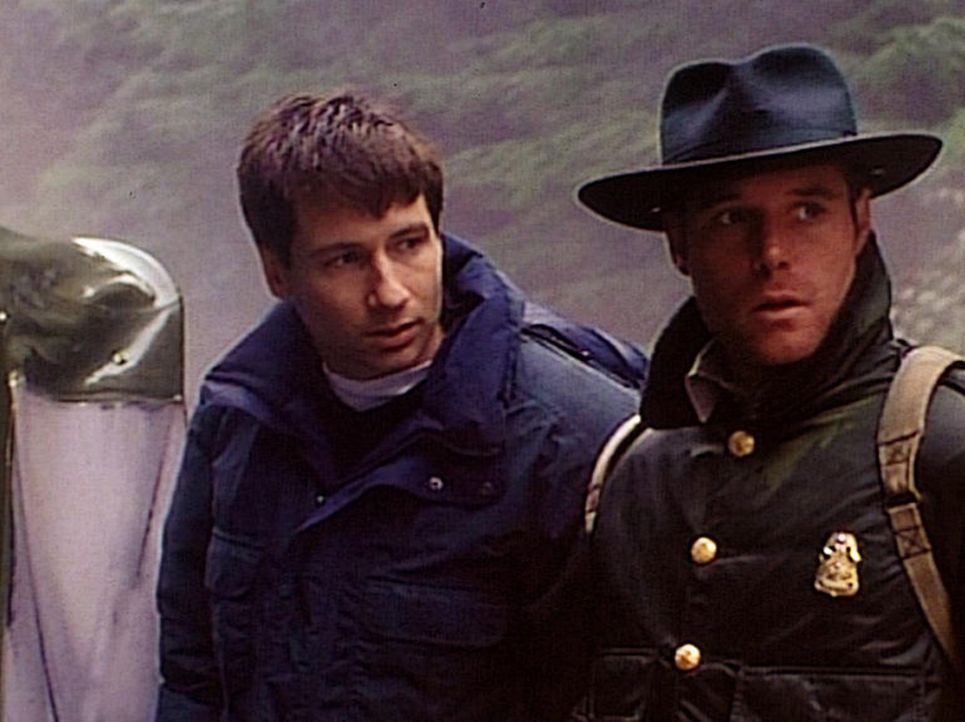 Der FBI-Agent Mulder (David Duchovny, l.) und Larry Moore (Jason Beghe, r.) von der Forstverwaltung stehen fassungslos vor der Leiche ihres Mitstrei... - Bildquelle: TM +   2000 Twentieth Century Fox Film Corporation. All Rights Reserved.